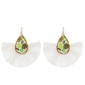 NWT White Tropical Leaf Tassel Fan Earrings